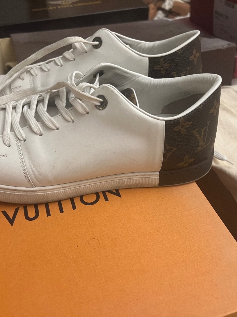 Louis Vuitton Line Up white leather men’s shoes size 9 LV canvas